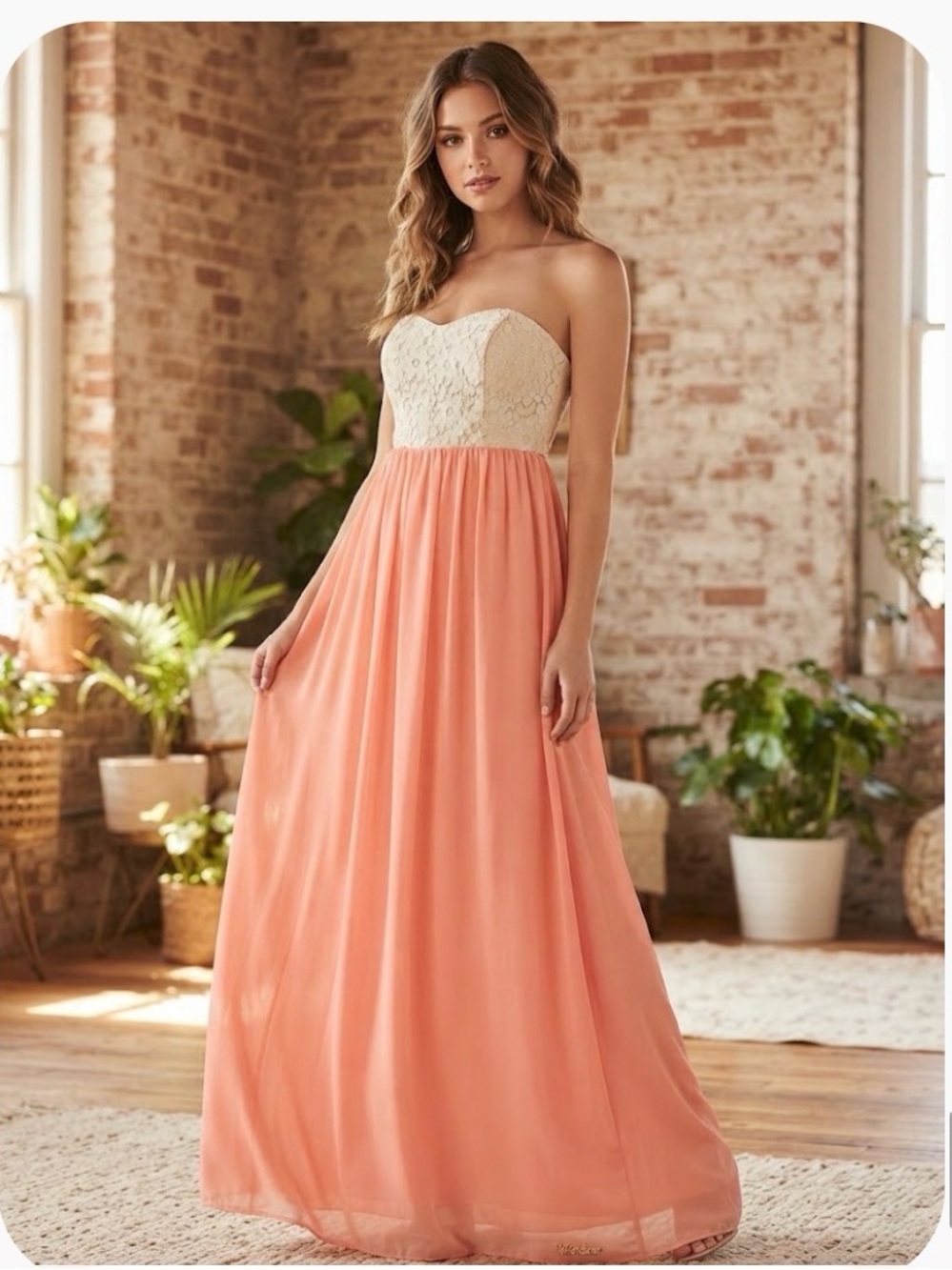 Windsor Strapless Coral Gown with Ivory Lace Bodice